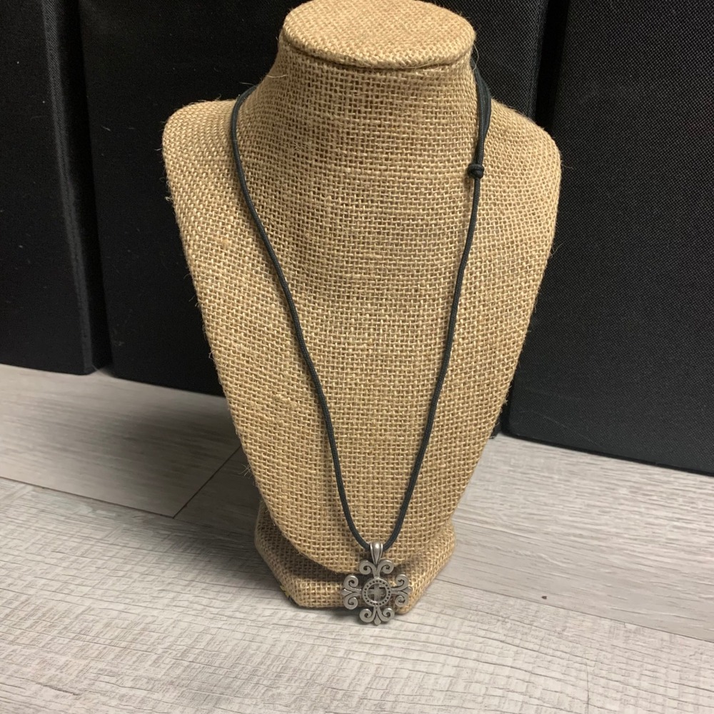 Scroll Cross Pendant Necklace Silver Tone Black Cord Adjustable 20 Inch